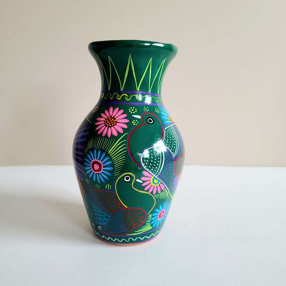 Hand-Painted Green Folk Art Ceramic Vase with Bird Motif - Picture 3 of 5